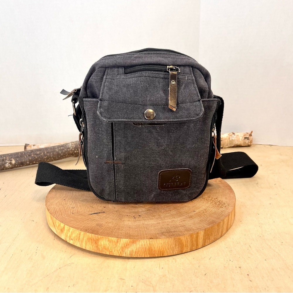 OULI LAI Gray Canvas Crossbody Bag – Compact Utility Travel Satchel with Pockets